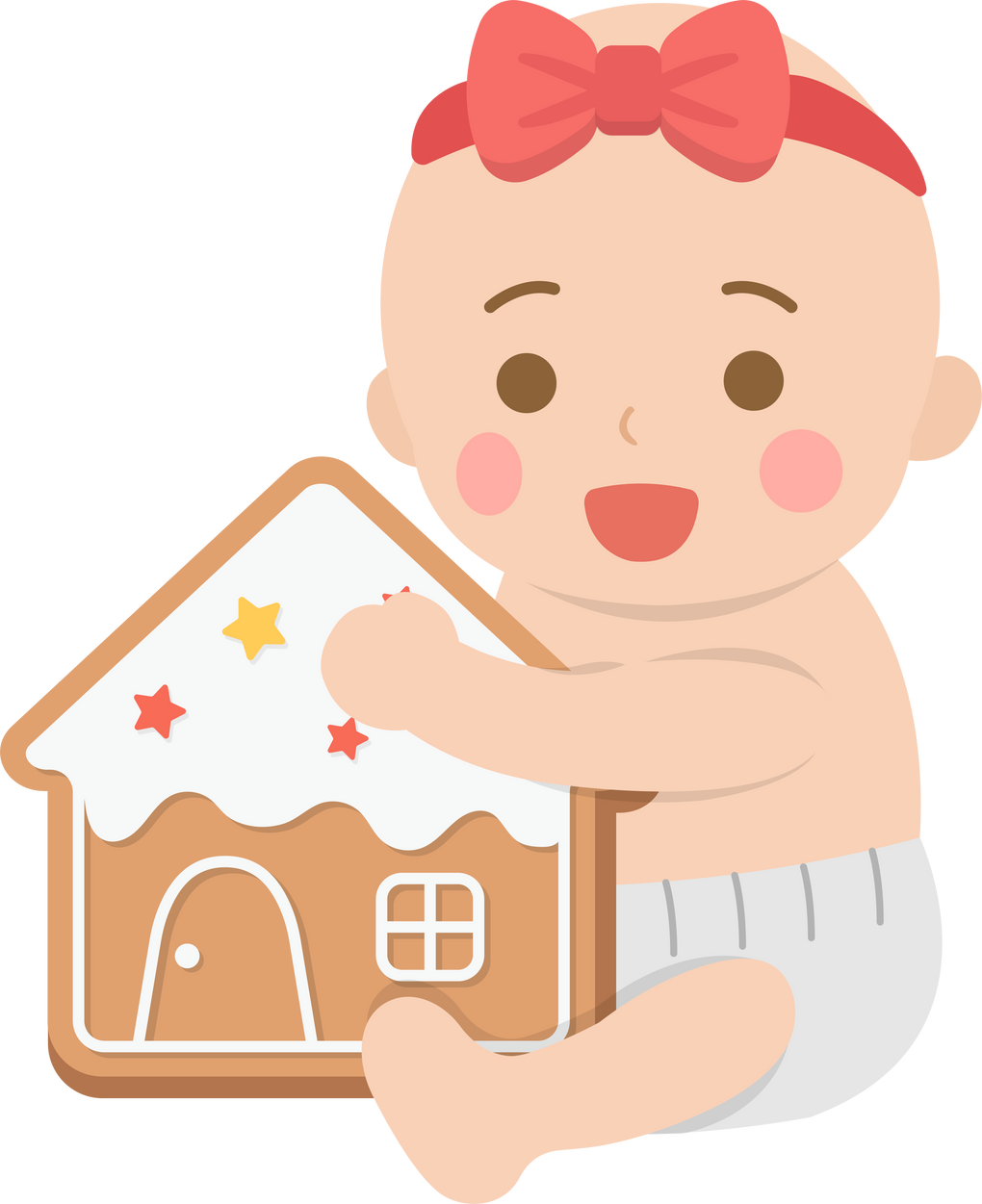 Happy cute baby or toddler with gingerbread, celebrating christmas, vector cartoon style